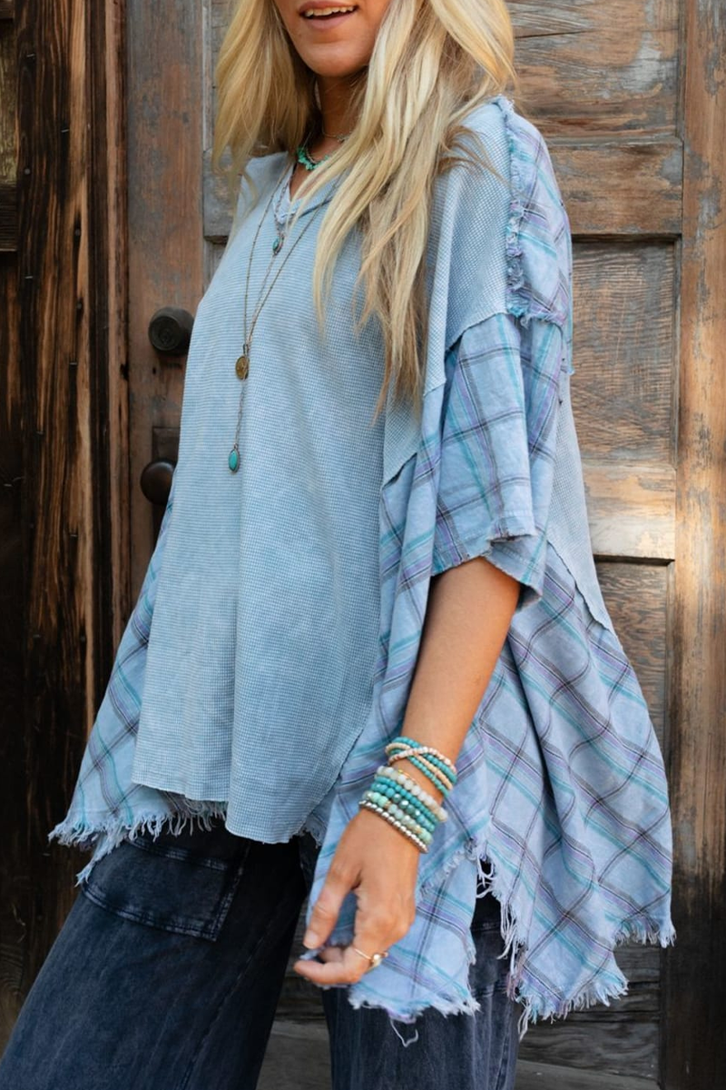 MW | Casual Plaid Distressed Patchwork Kontrast V Hals T-Shirts