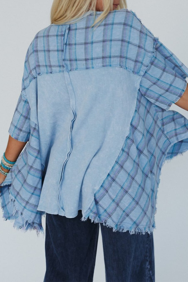 MW | Casual Plaid Distressed Patchwork Kontrast V Hals T-Shirts