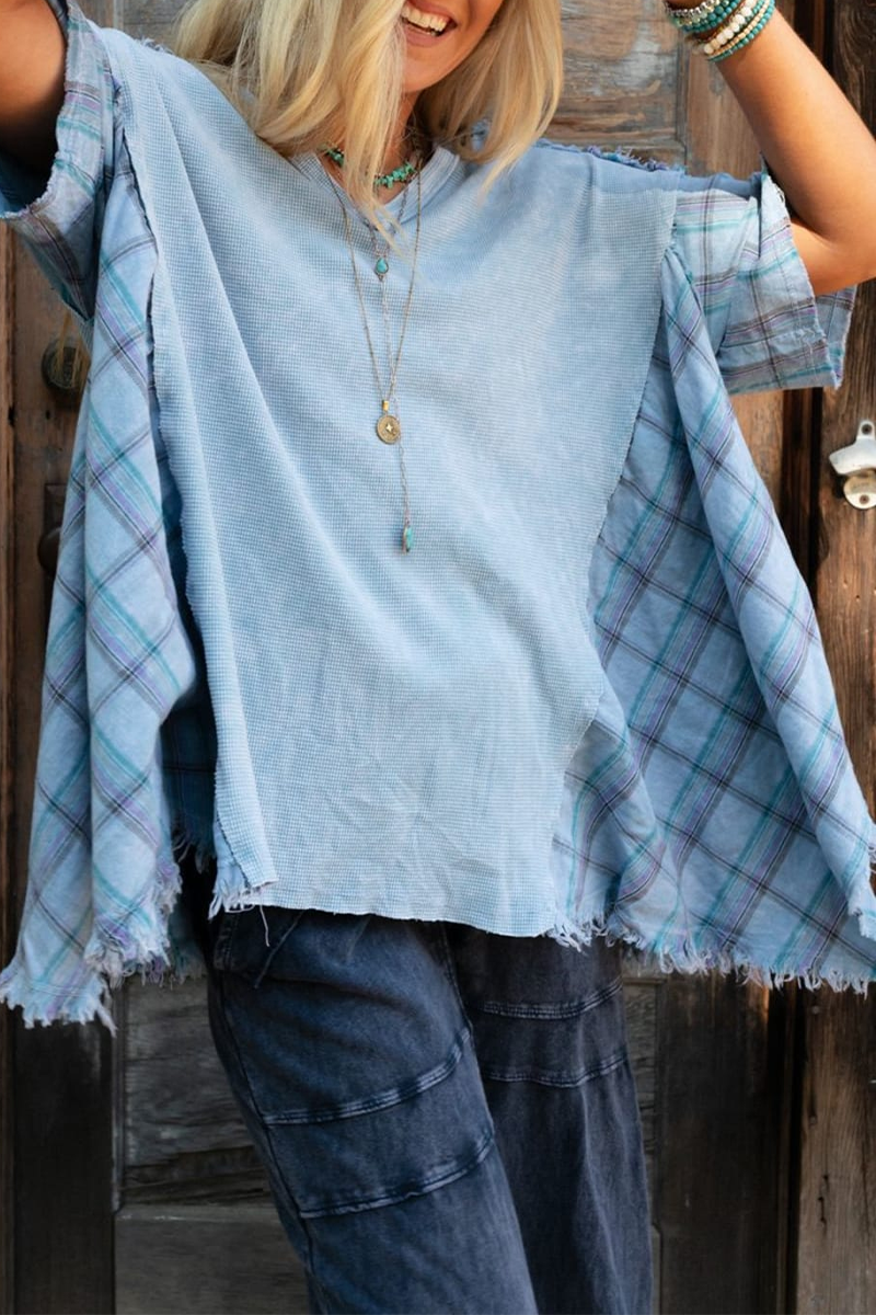 MW | Casual Plaid Distressed Patchwork Kontrast V Hals T-Shirts