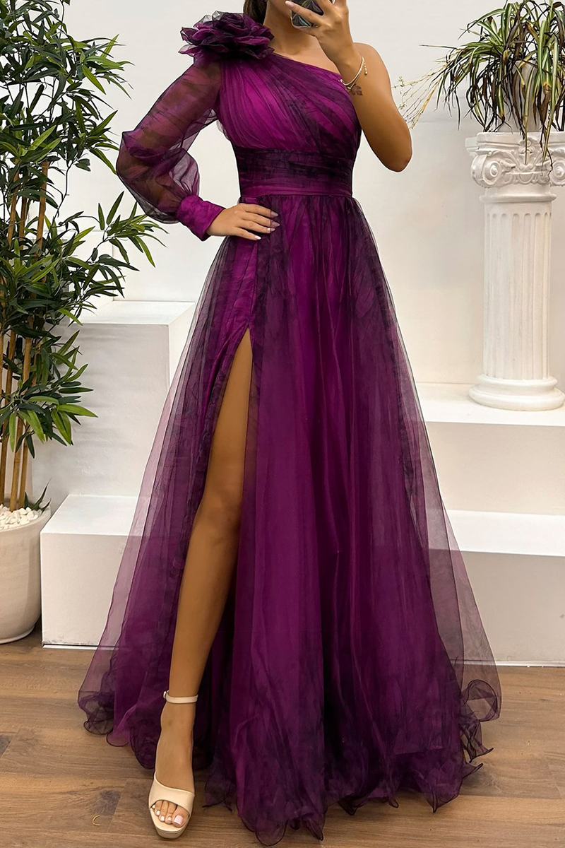 MW | Sexy Prom Floral Print Schlitz Mesh Blume Form schrägen Schulter Abendkleider(6 Farben)