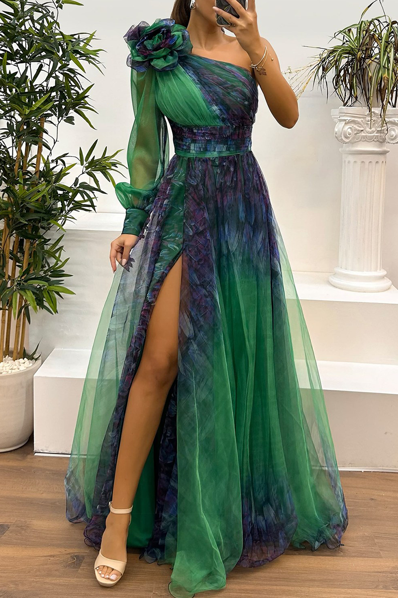 MW | Sexy Prom Floral Print Schlitz Mesh Blume Form schrägen Schulter Abendkleider(6 Farben)