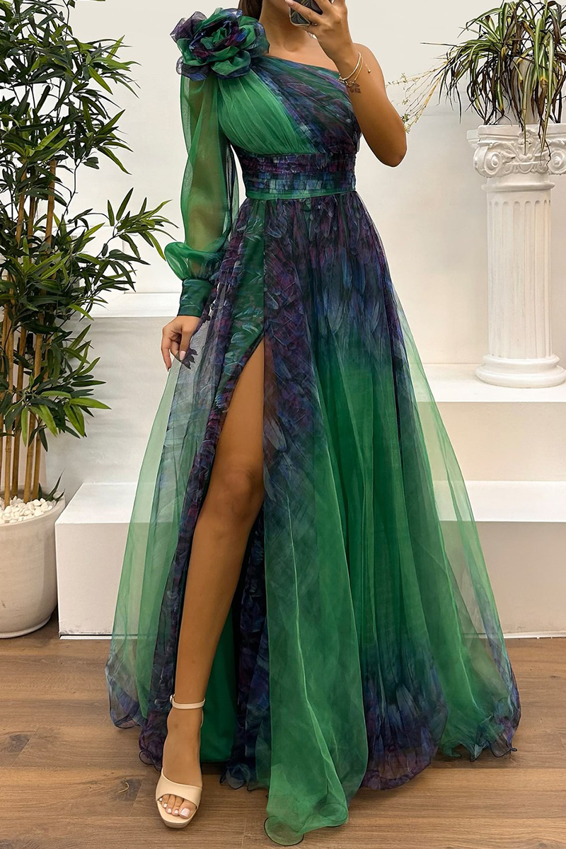 MW | Sexy Prom Floral Print Schlitz Mesh Blume Form schrägen Schulter Abendkleider(6 Farben)
