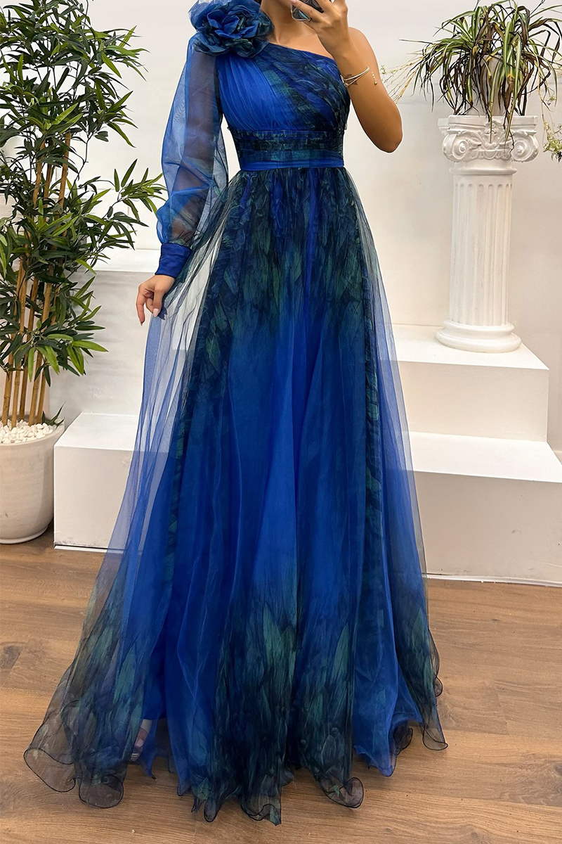 MW | Sexy Prom Floral Print Schlitz Mesh Blume Form schrägen Schulter Abendkleider(6 Farben)