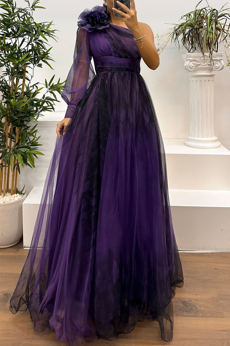 MW | Sexy Prom Floral Print Schlitz Mesh Blume Form schrägen Schulter Abendkleider(6 Farben)