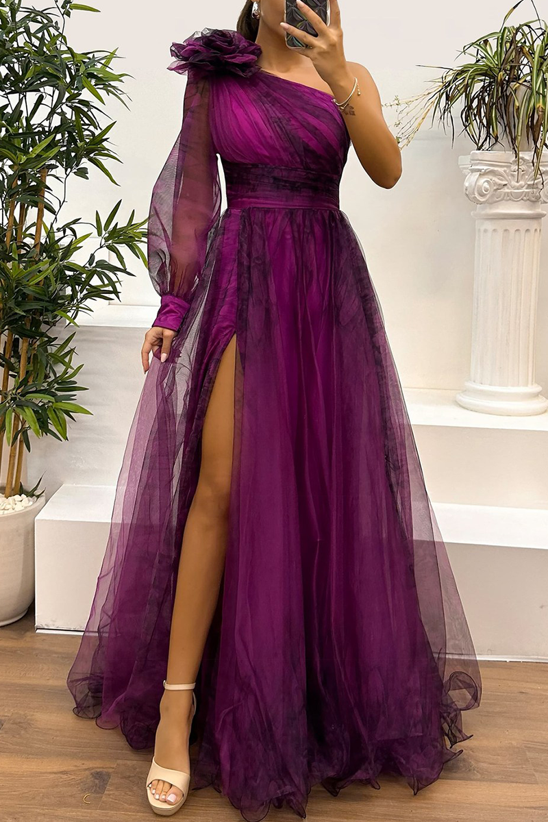 MW | Sexy Prom Floral Print Schlitz Mesh Blume Form schrägen Schulter Abendkleider(6 Farben)