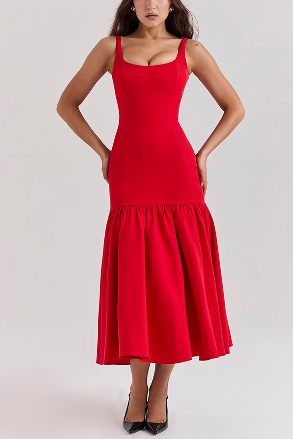 MW | Anmutige Silhouette Quadratischer Ausschnitt Breiter Riemen Tropfen Taille Midi Kleid
