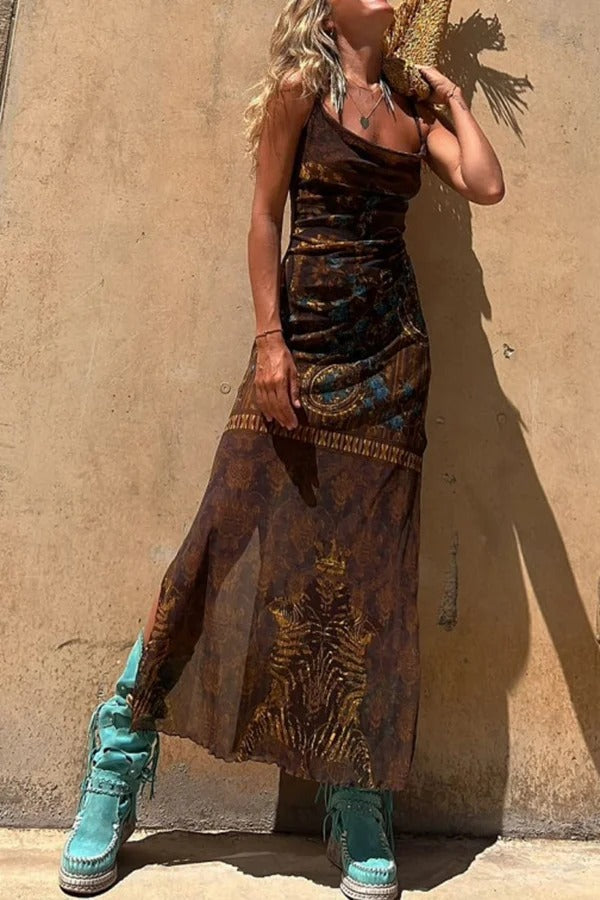 MW | Gypsy Style Einzigartiger Druck Cowl Neck Rücken Schnürung Schlitz Midi Kleid