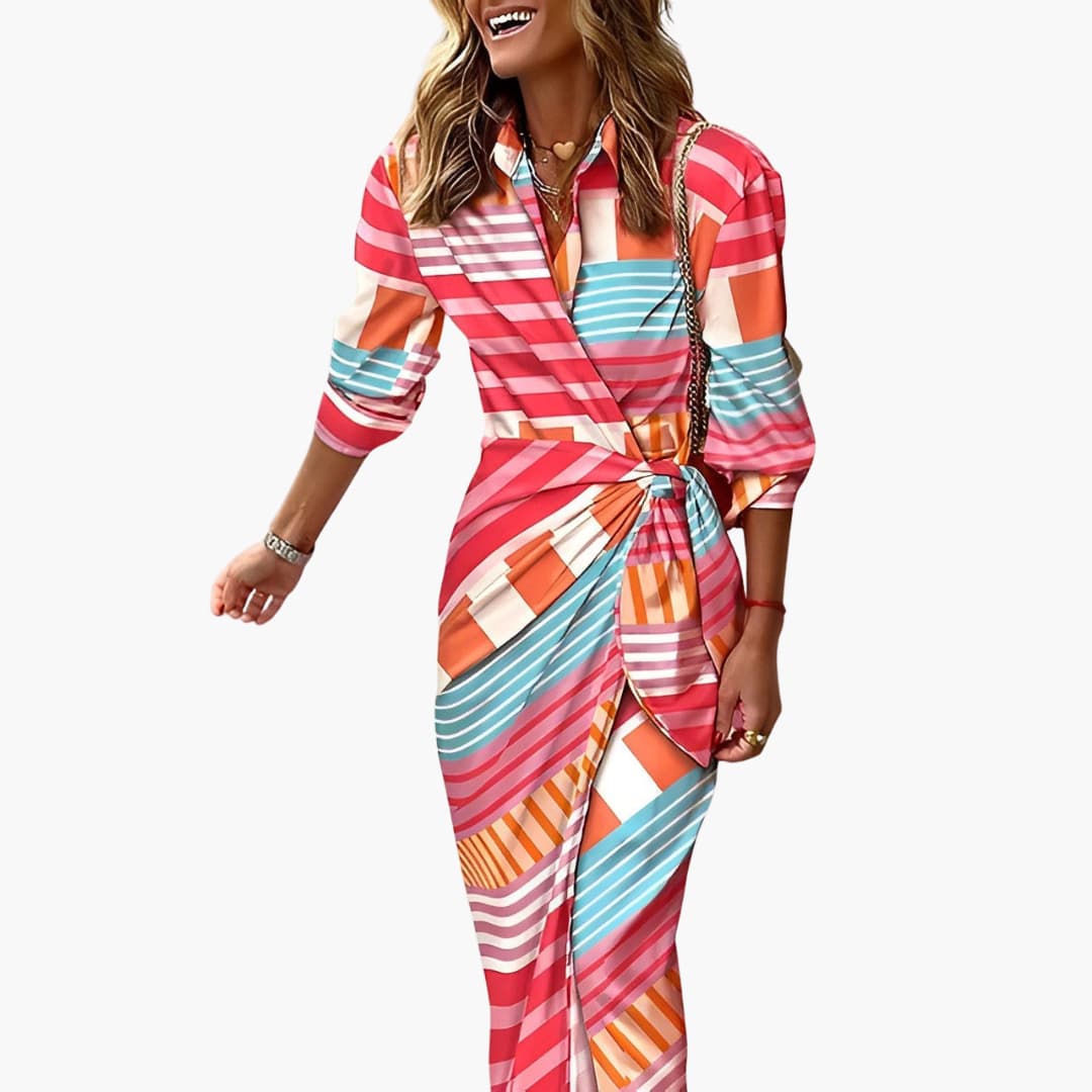 MW | Damen Sommer-Midikleid mit Seitenknoten und Streifenprint
