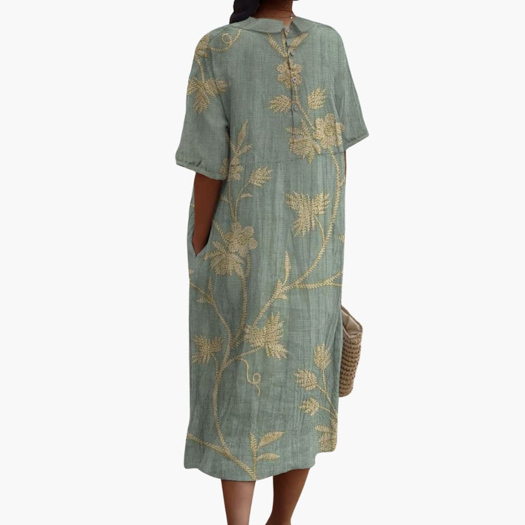 MW | Damen Midikleid mit kurzen Ärmeln und floraler Stickerei