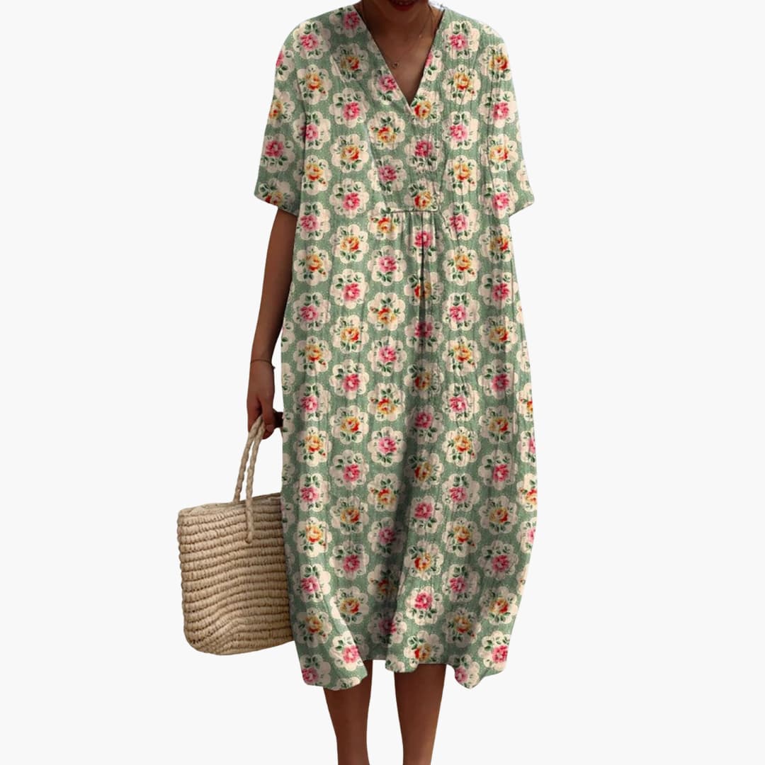 MW | Damen kurzärmeliges Midikleid mit Blumenprint V-Ausschnitt