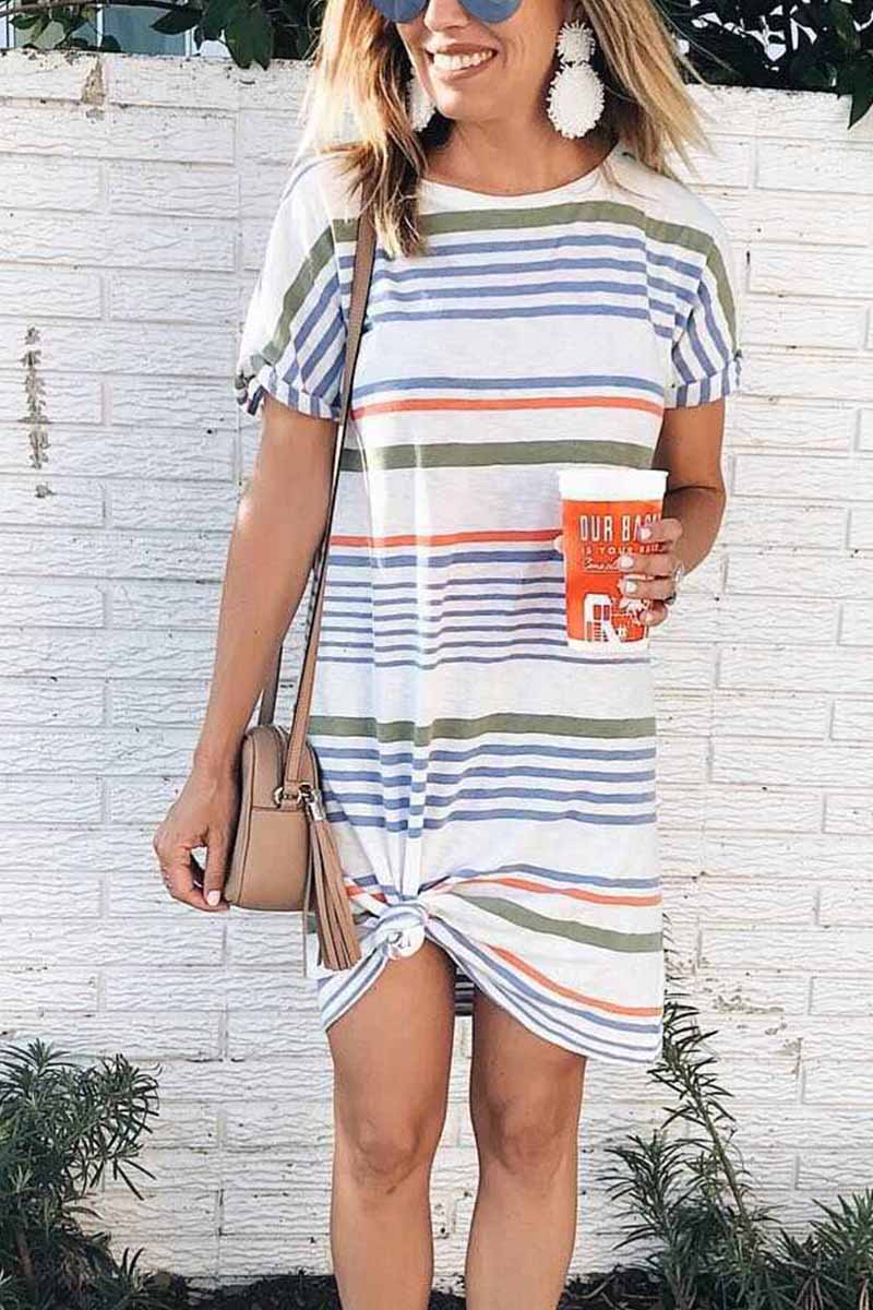 MW | Florcoo Bedrucktes gestreiftes Midikleid mit O-Ausschnitt