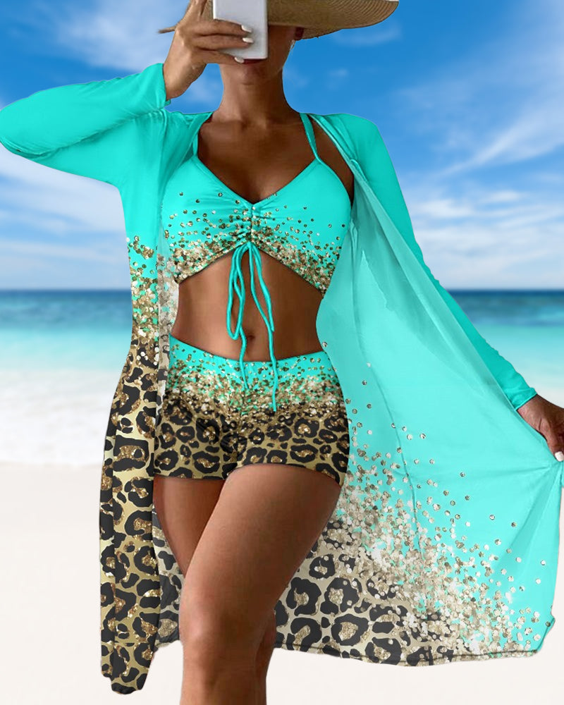 MW | Dreiteiliger Badeanzug mit Leoparden-Ombre-Print