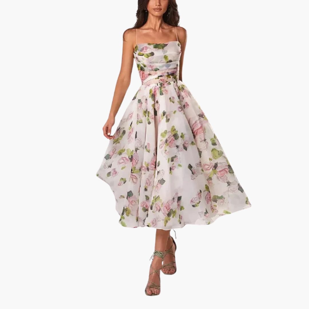 MW | Damen A-Linien Midikleid mit Blumendruck und Spaghetti-Trägern