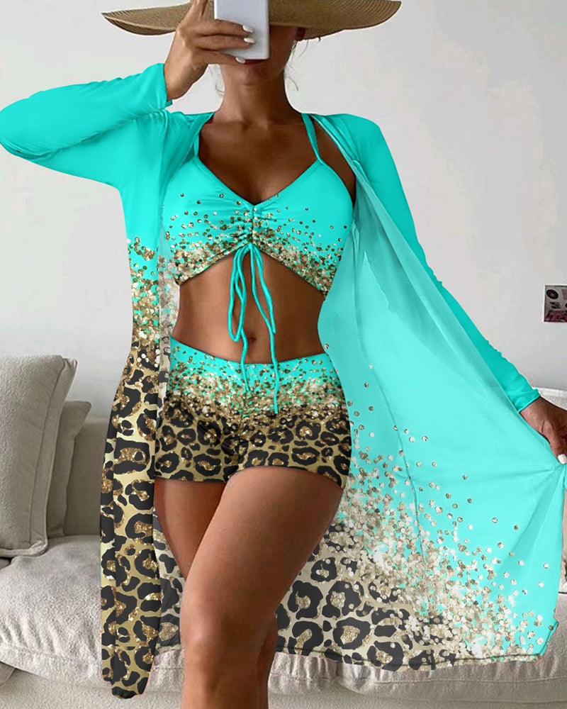 MW | Dreiteiliger Badeanzug mit Leoparden-Ombre-Print