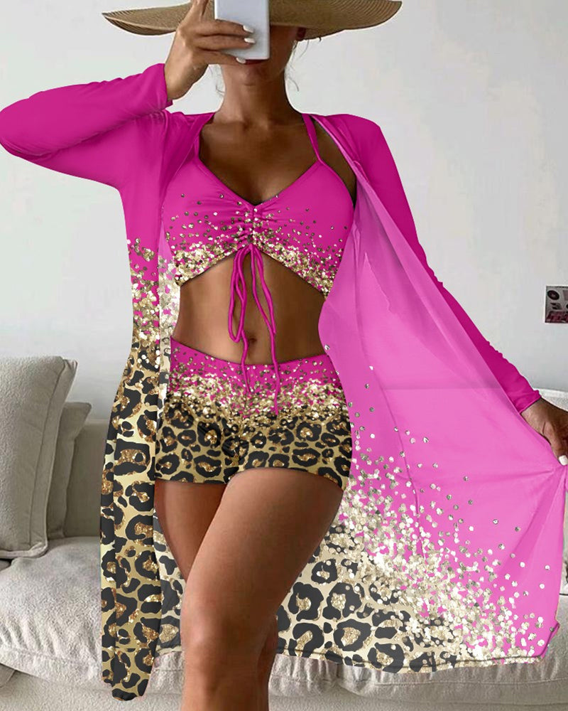 MW | Dreiteiliger Badeanzug mit Leoparden-Ombre-Print