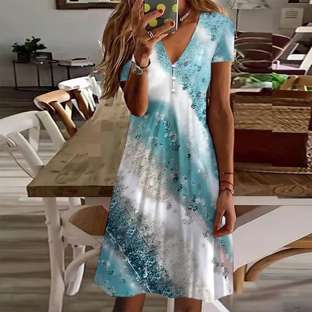 MW | Blau bedrucktes Minikleid mit kurzen Ärmeln