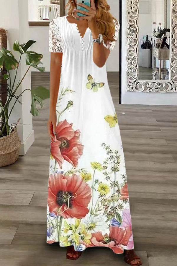 MW | Boho Floral V Hals Knopf Spitze Ärmel Urlaub Strand Maxi Kleid