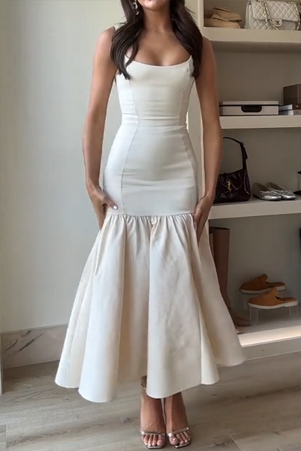 MW | Anmutige Silhouette Quadratischer Ausschnitt Breiter Riemen Tropfen Taille Midi Kleid