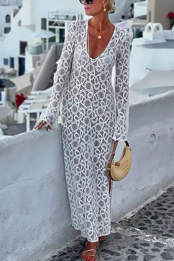 MW | Santorini Sonnenuntergang Floral Spitze Langarm Schlitz Urlaub Maxikleid