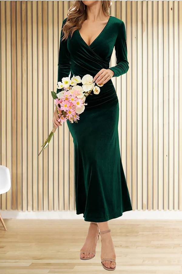 MW | Solide Samt Langarm V-Ausschnitt Slim Fit Fischschwanz Maxi Kleid