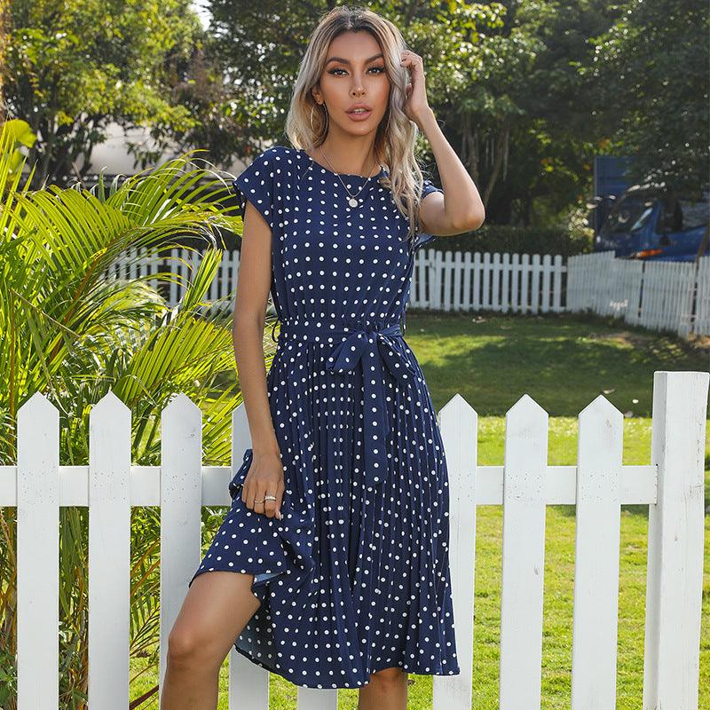 MW | Sommer Frauen Polka Dot Kurzarm Kleid Casual Bandage Party Plissee Midi Kleider Elegant Grün Büro Dame Kleidung