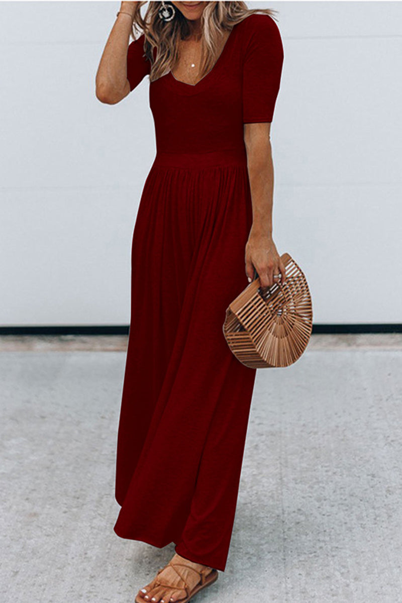 MW | Rundhalsausschnitt Kurzarm Langer Jumpsuit mit hoher Taille