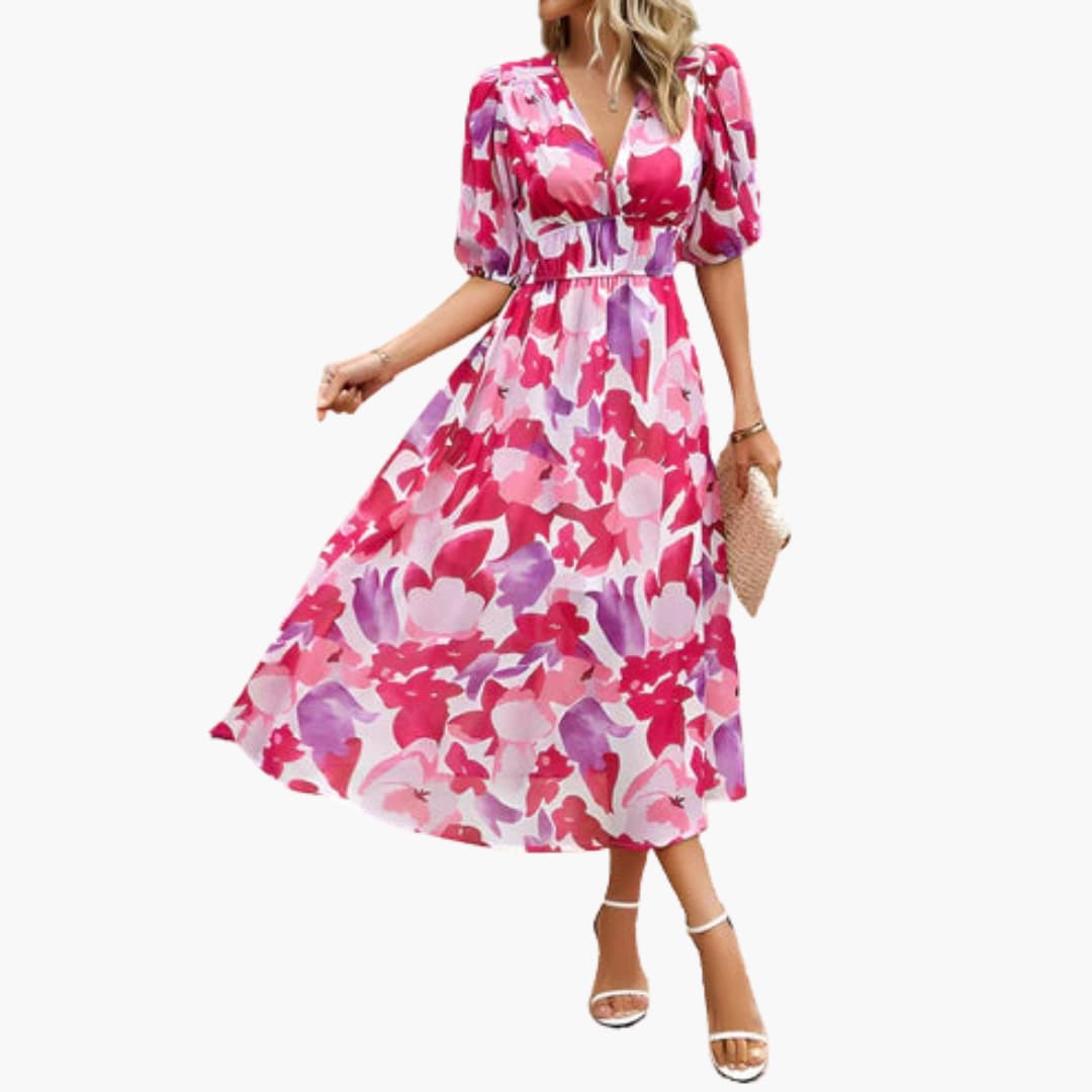 MW | Sommerliches Midikleid für Damen mit Blumendruck und Laternenärmeln