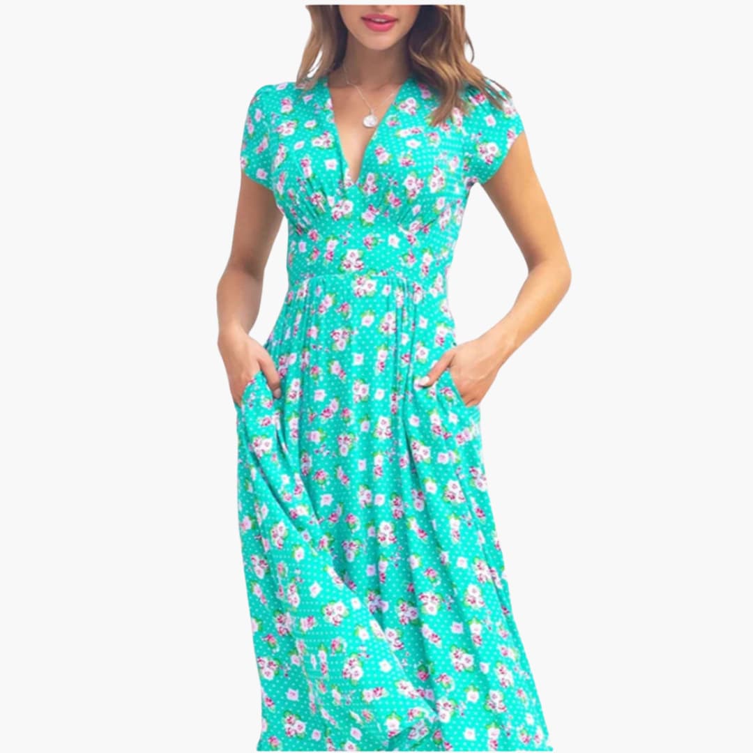 MW | Damen geblümtes Midikleid mit Taschen und kurzen Ärmeln
