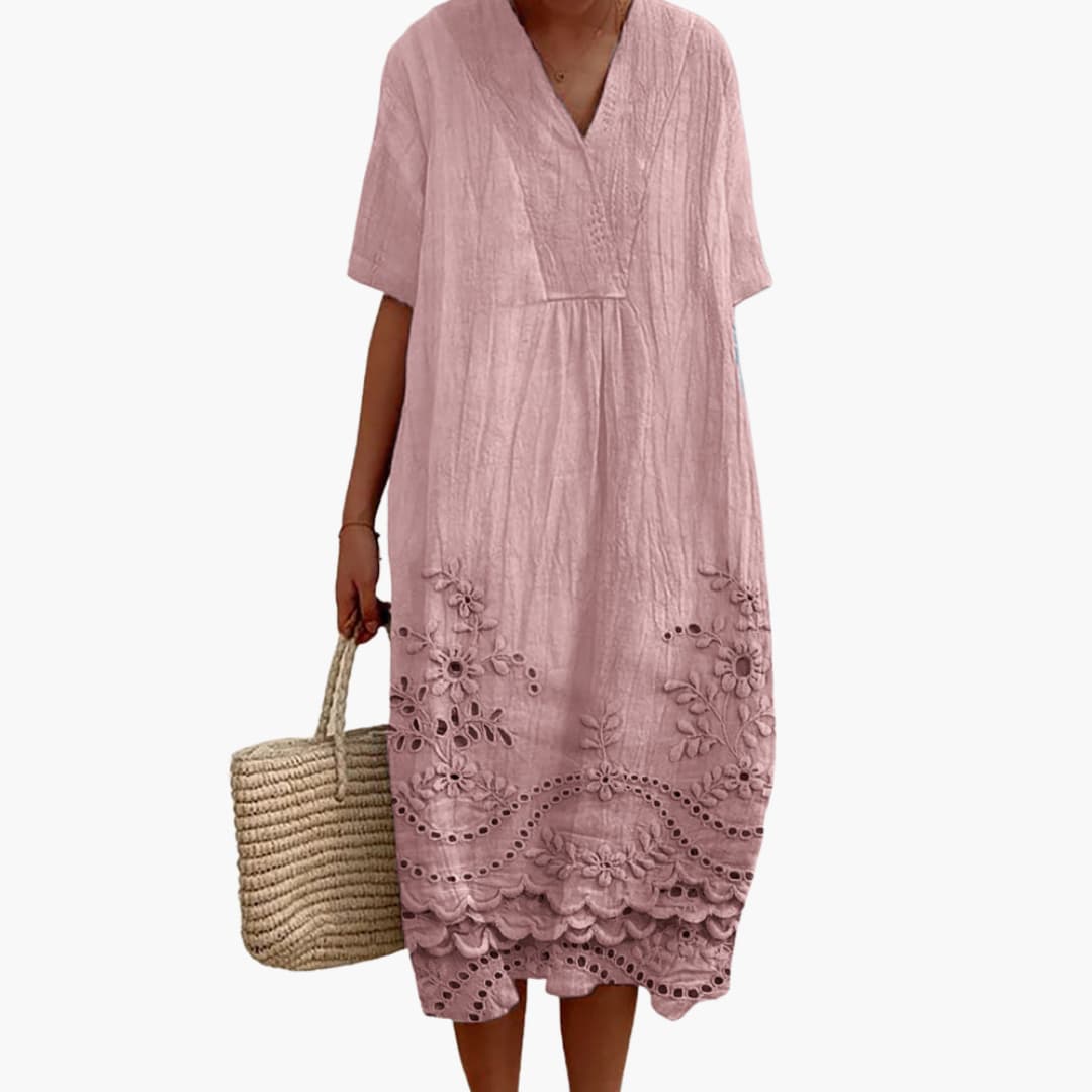 MW | Damen Sommer Midikleid mit Stickerei und kurzen Ärmeln