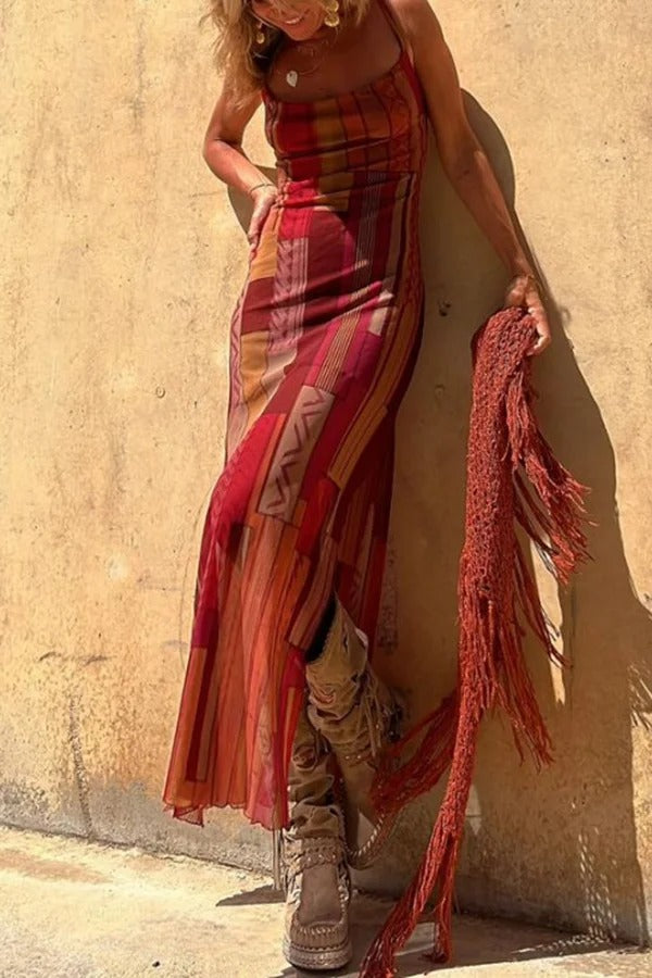 MW | Gypsy Style Einzigartiger Druck Cowl Neck Rücken Schnürung Schlitz Midi Kleid