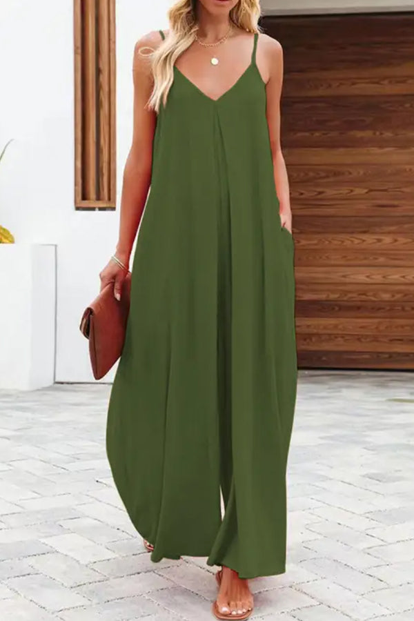 MW | Solide Farbe Seite Tasche lässig weites Bein Suspender Jumpsuit