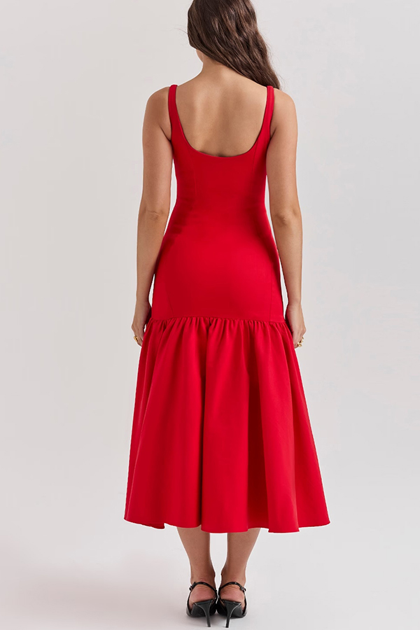 MW | Anmutige Silhouette Quadratischer Ausschnitt Breiter Riemen Tropfen Taille Midi Kleid