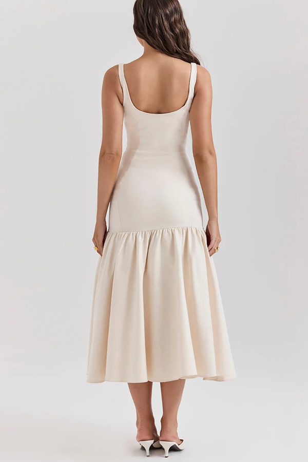 MW | Anmutige Silhouette Quadratischer Ausschnitt Breiter Riemen Tropfen Taille Midi Kleid