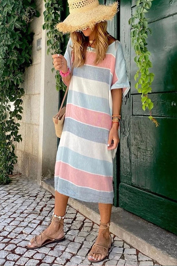 MW | Multicolor Gestreiftes Color Block Lose Passform Halbärmliges Maxikleid
