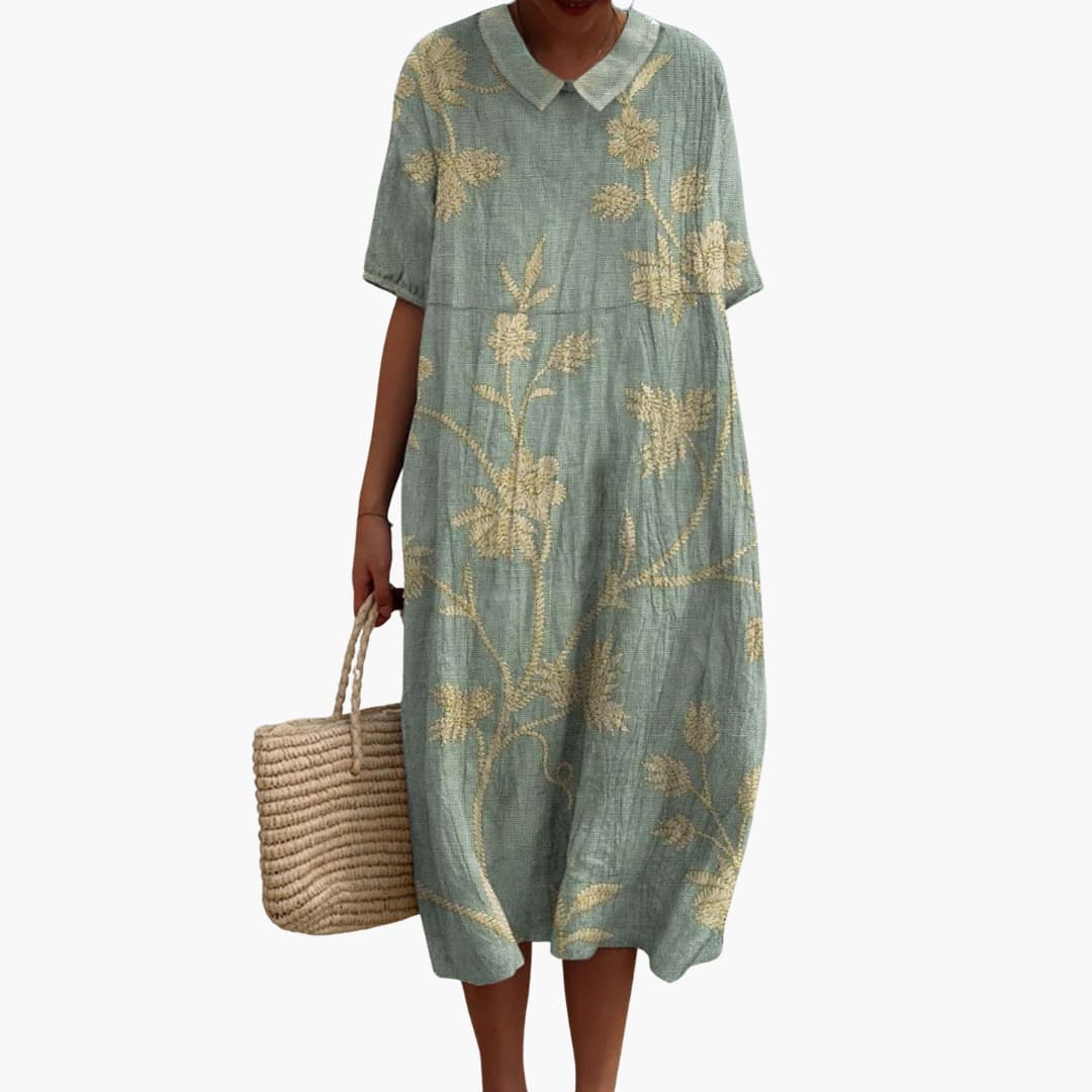 MW | Damen Midikleid mit kurzen Ärmeln und floraler Stickerei