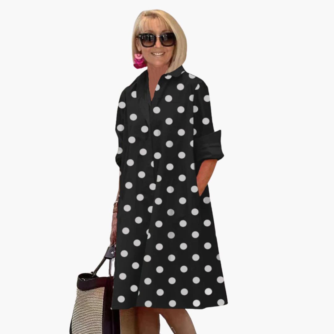 MW | Damen Midikleid mit langen Ärmeln und Polka-Dot-Print
