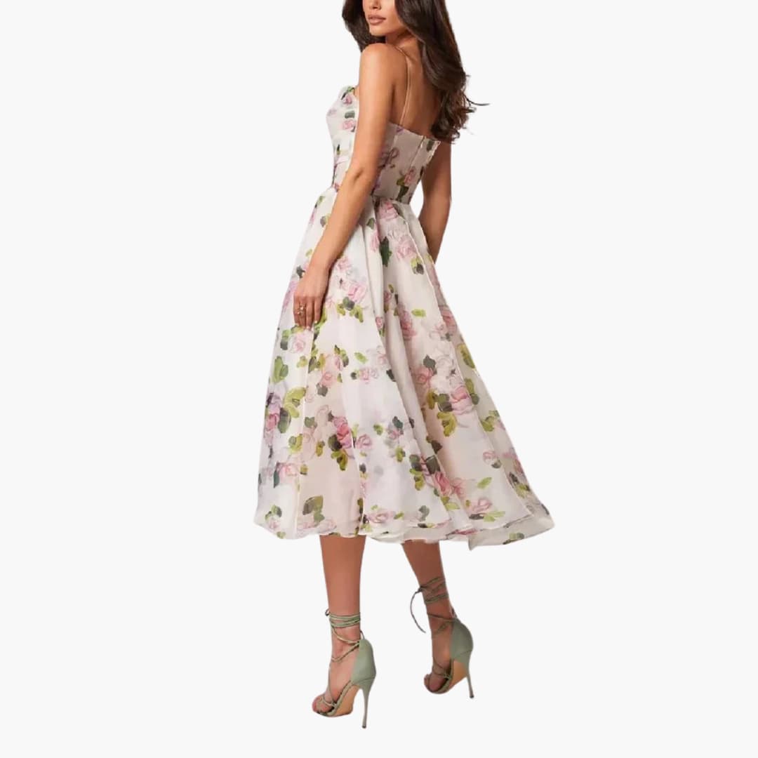 MW | Damen A-Linien Midikleid mit Blumendruck und Spaghetti-Trägern