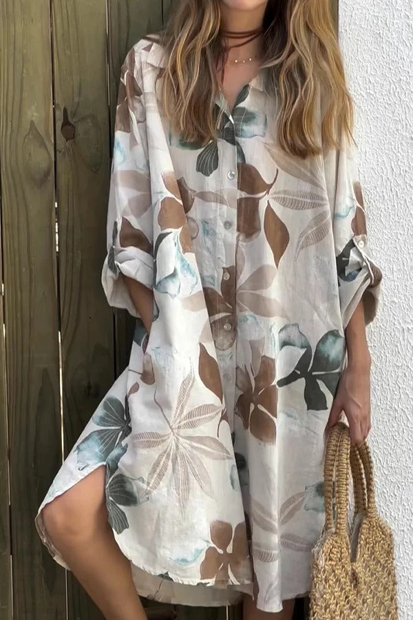 MW | Botanical Print Langärmeliges, einreihiges, lockeres Midikleid mit Taschen