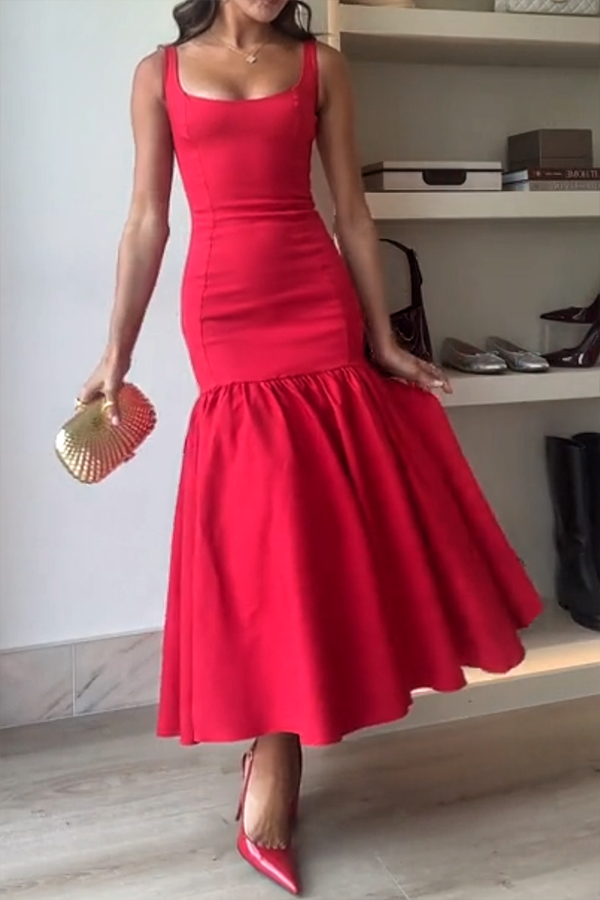 MW | Anmutige Silhouette Quadratischer Ausschnitt Breiter Riemen Tropfen Taille Midi Kleid