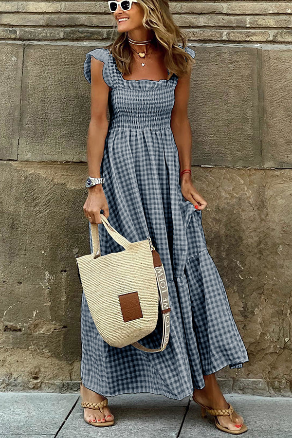 MW | Singing Solo Multi Plaid Maxi Kleid mit gesmoktem Oberteil