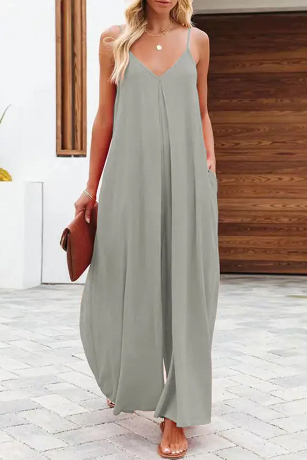 MW | Solide Farbe Seite Tasche lässig weites Bein Suspender Jumpsuit