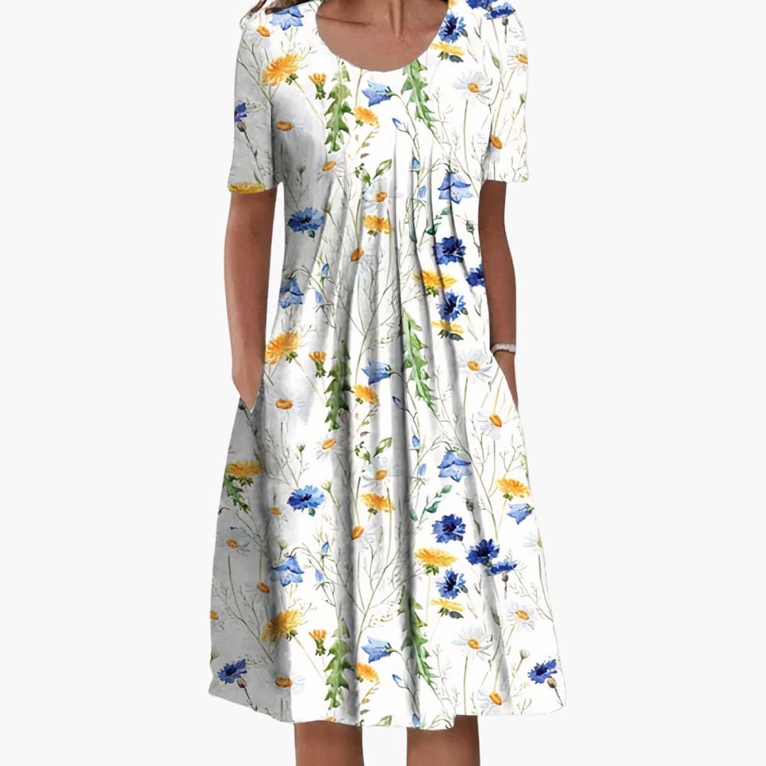MW | Damen Sommer-Midikleid mit Blumendruck und kurzen Ärmeln
