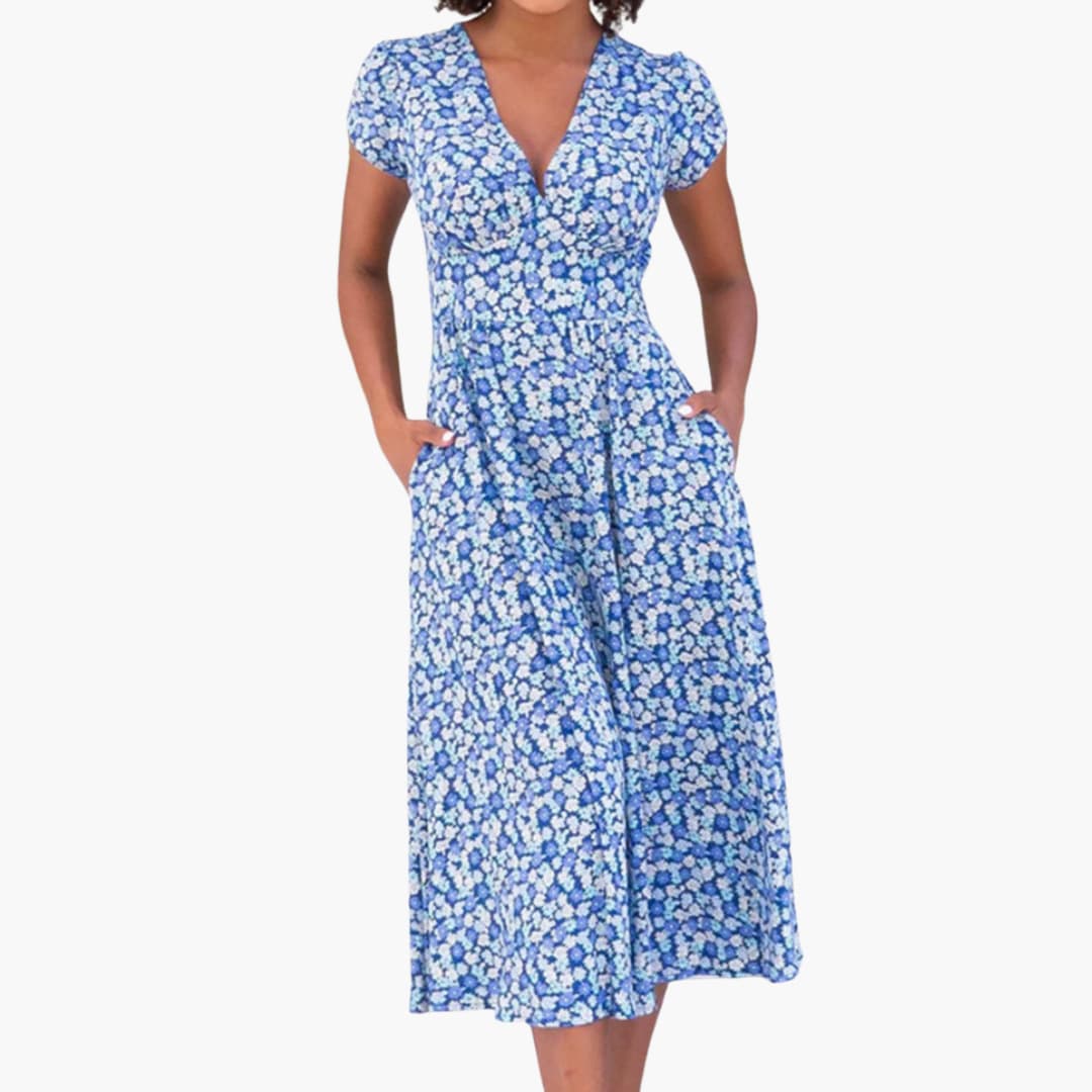MW | Damen geblümtes Midikleid mit Taschen und kurzen Ärmeln