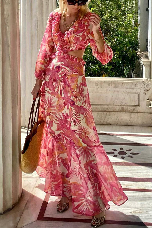MW | Make Me Blush Floral Ruffle Seite Ausschnitt Taille Maxi Kleid