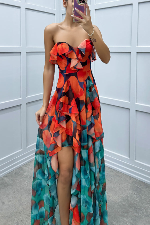 MW | Loving Moment Gradient Einzigartiger Druck Fließend Geschichtet Rüschen Trägerlos Schlitz Maxikleid