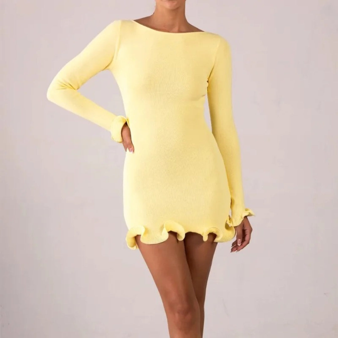 MW | Damen Rüschenbesatz Langarm-Minikleid