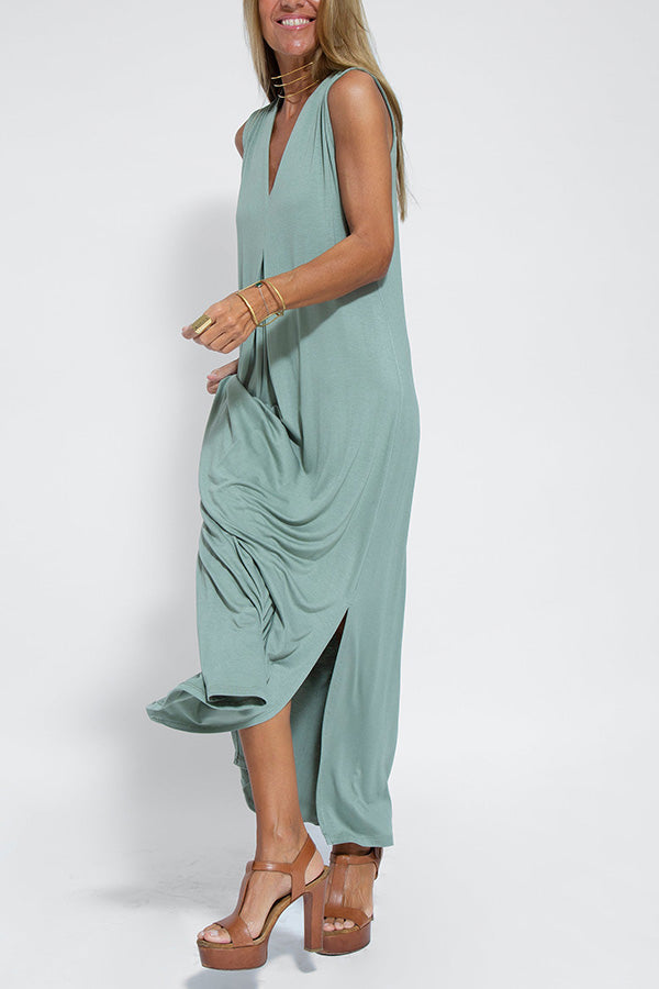 MW | Elegant ist ewig stricken solide Farbe ärmellose Schlitz Maxi Kleid