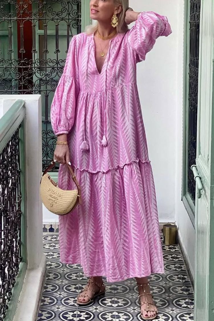 MW | Marrakech Stories Leinenmischung Bedrucktes Midikleid mit Ballonärmeln und Taschen in A-Linie