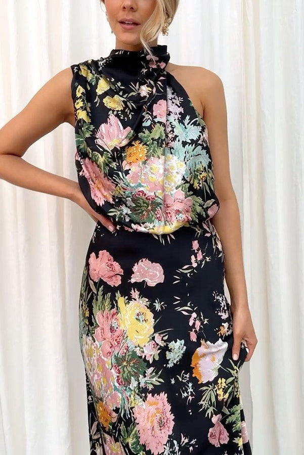MW | Wein Land Termine Floral Halter Hals elastische Taille Maxi Kleid