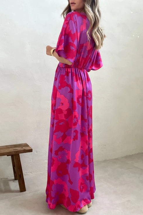 MW | Rose Abstrakter Blumendruck V-Ausschnitt Dolman Maxikleid